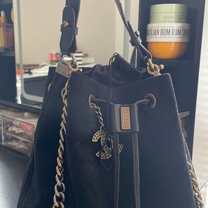 CHANEL Black Suede Bucket Bag With Adjustable Crossbody Strap